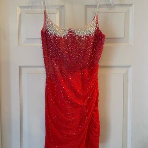 Red Rhinestone Midi Dress with Crystal Bodice
